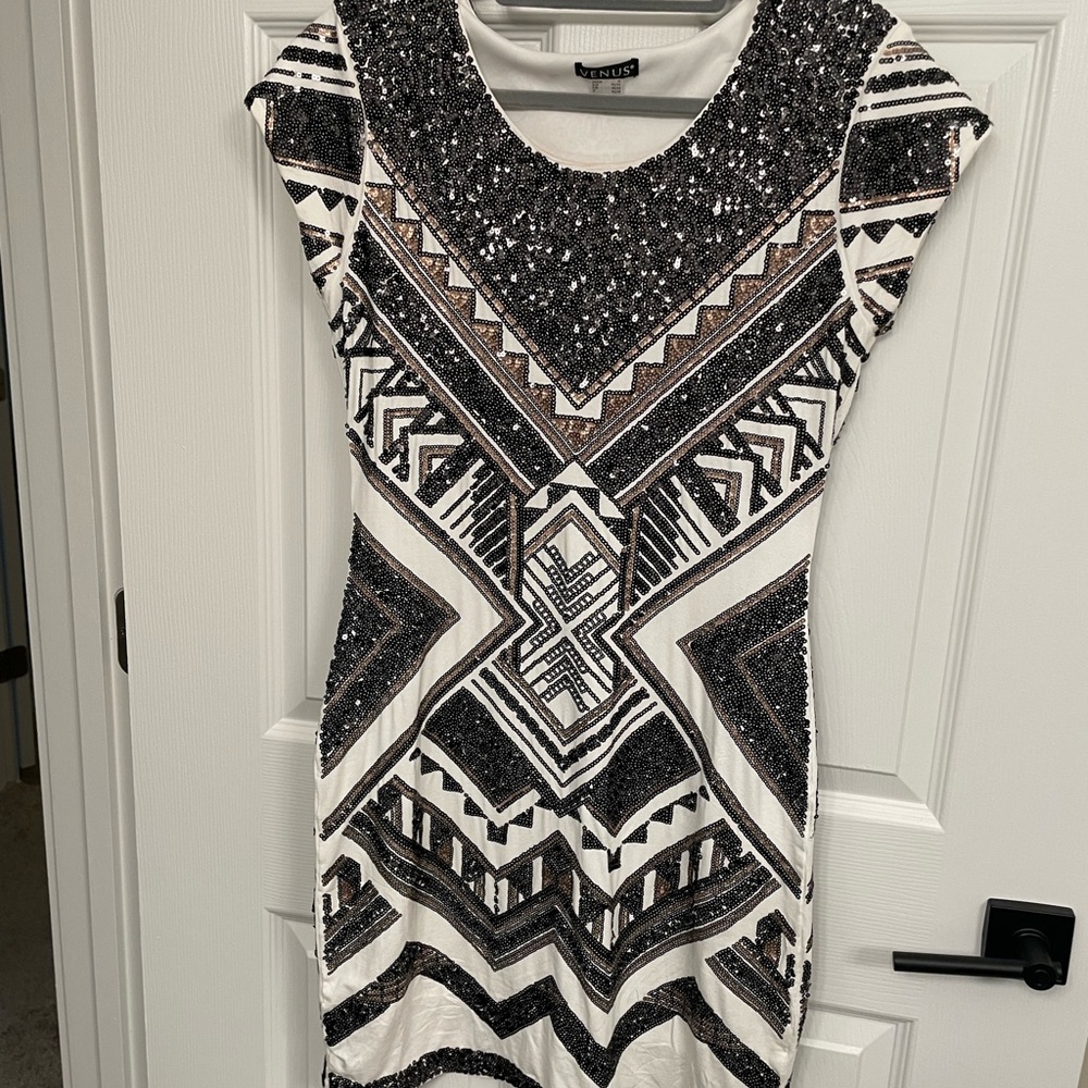 Venus Sequin Embellished Black & Gold White Dress